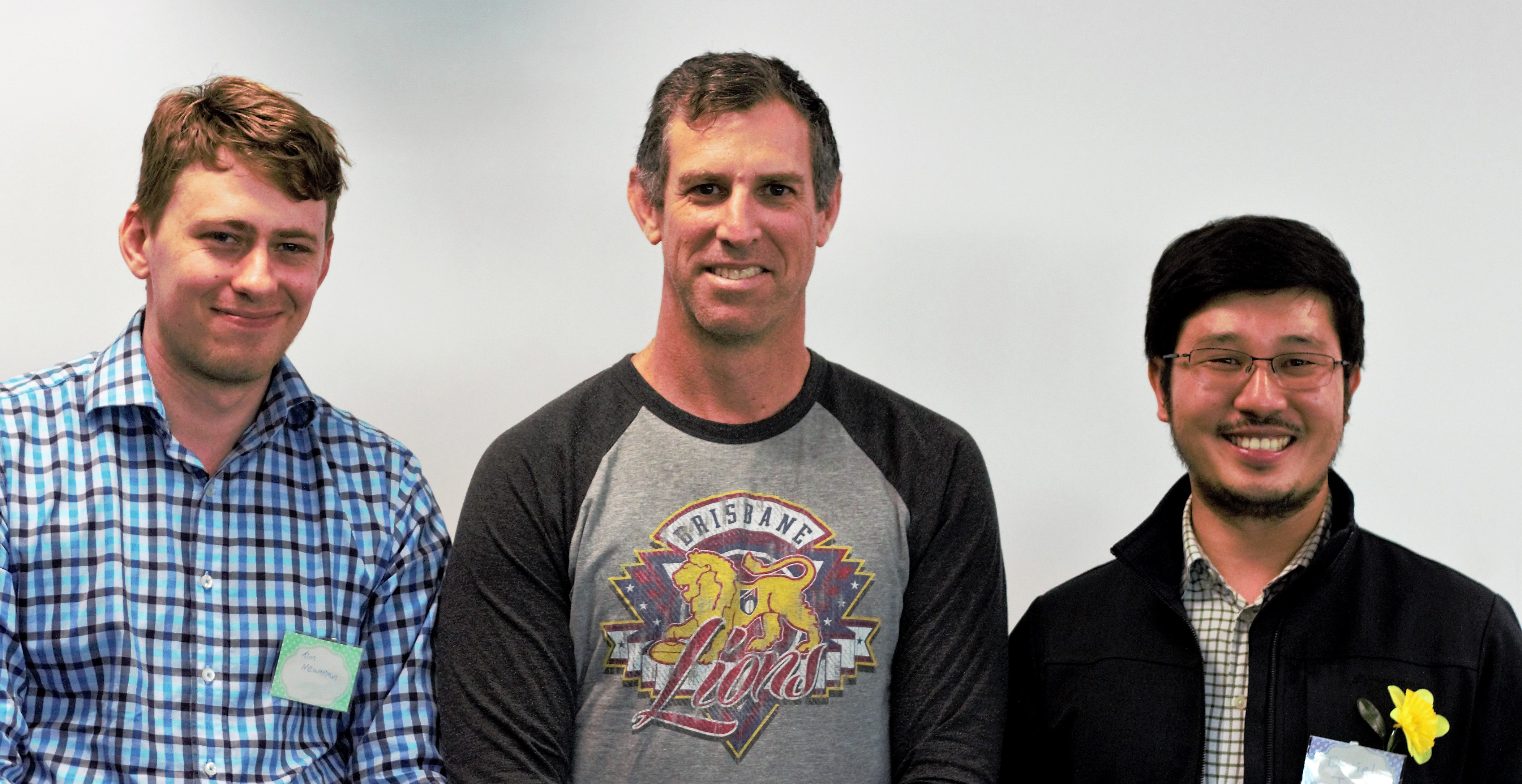 Photo - 2018 young writer conference plenary speakers Tim Newman (Nelson) and Daniel Jang (Auckland) with Russell Modlin (centre)